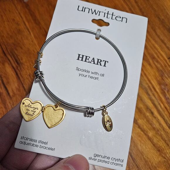 UNWRITTEN Silver Plated Crystal Satin Heart Locket Adjustable Bangle Bracelet - Picture 3 of 9